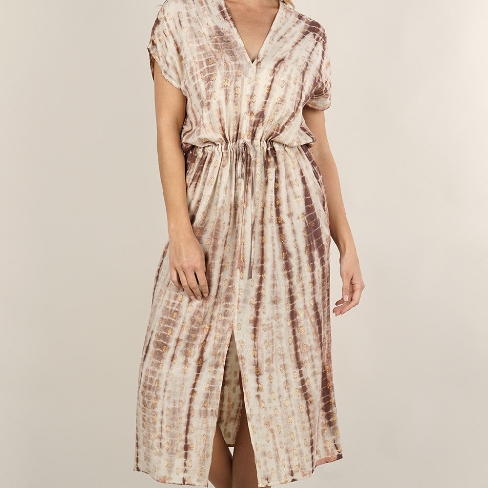 Tie Dye and Metallic Front Slit Midi Dress